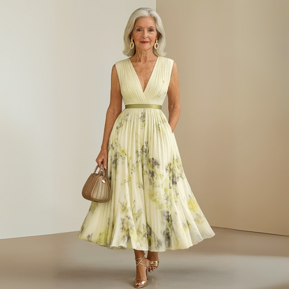 Elegant Floral Midi Dress for Women with V Neck Sleeveless Pleated Skirt Belted Waist Formal Style