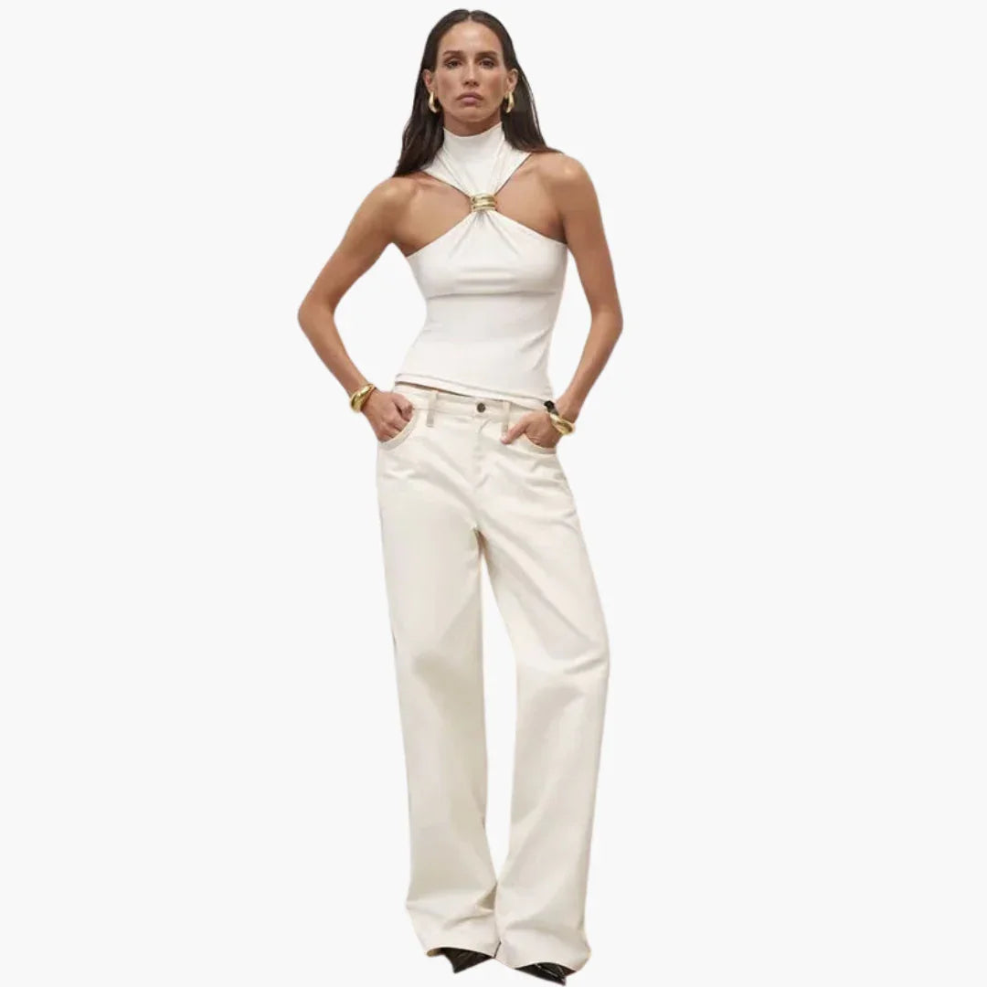 Elegant Halter Top for Women with High Neck Sleeveless Ring Hardware Cutout Style