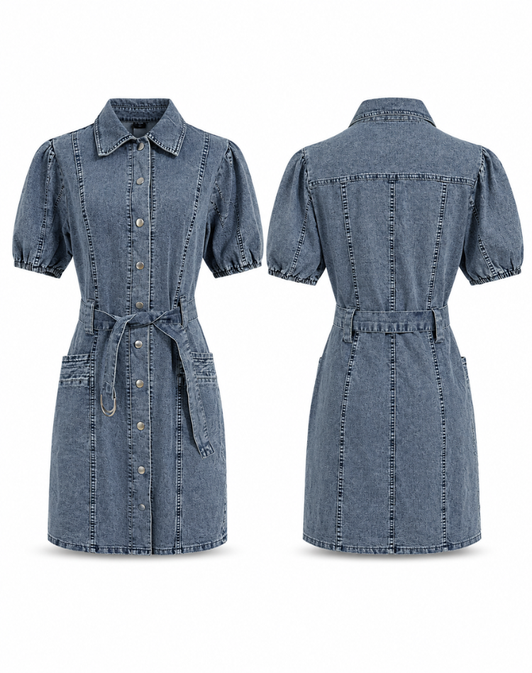 Elegant Blue Denim Dress for Women with Collar Puff Sleeve Belted Mini Shirt Style