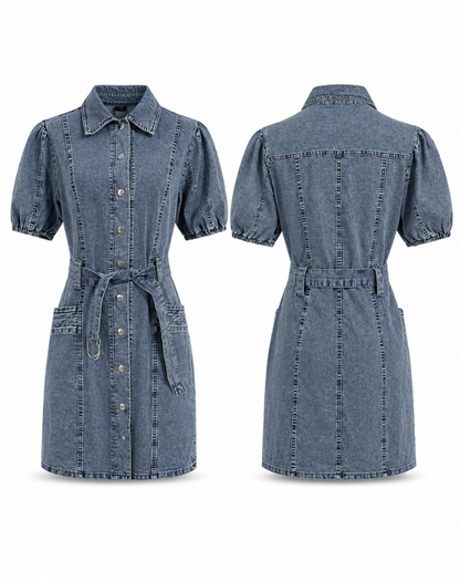 Elegant Blue Denim Dress for Women with Collar Puff Sleeve Belted Mini Shirt Style
