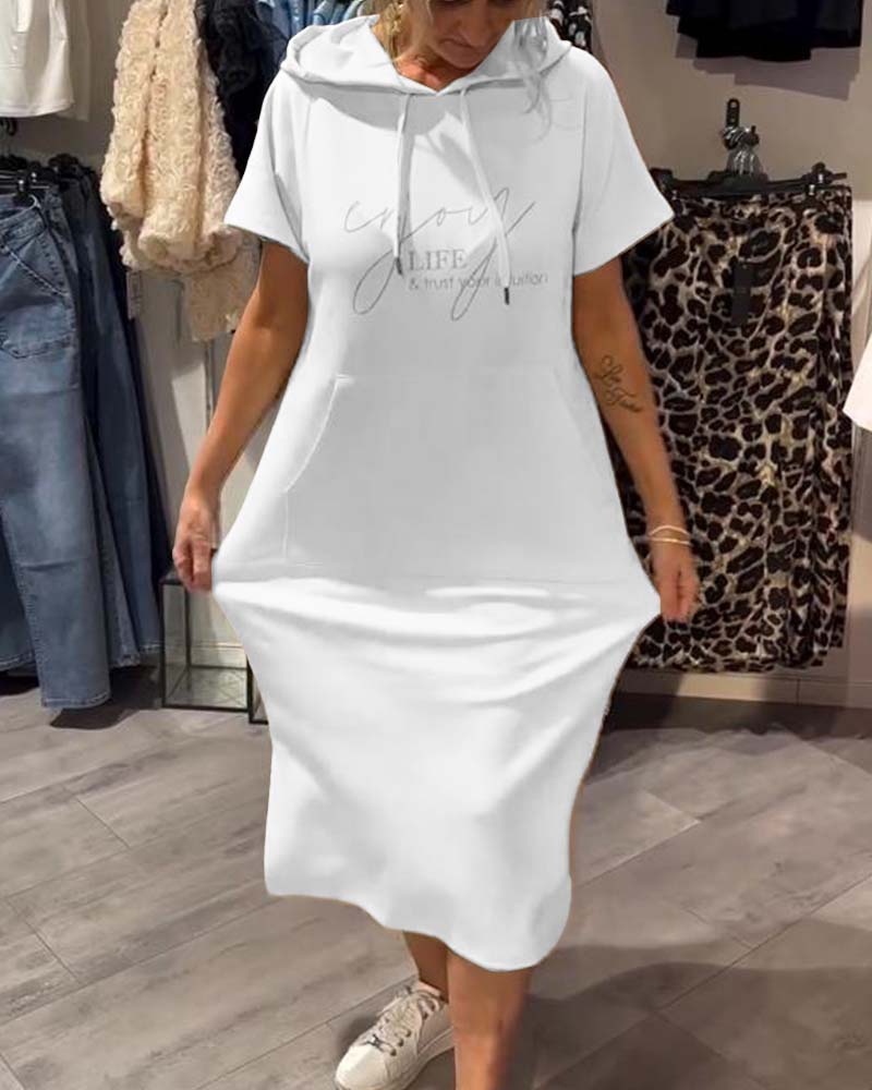Comfortable Orange Hoodie Midi Dress for Women with Drawstring Hood Short Sleeve Kangaroo Pocket Relaxed Style