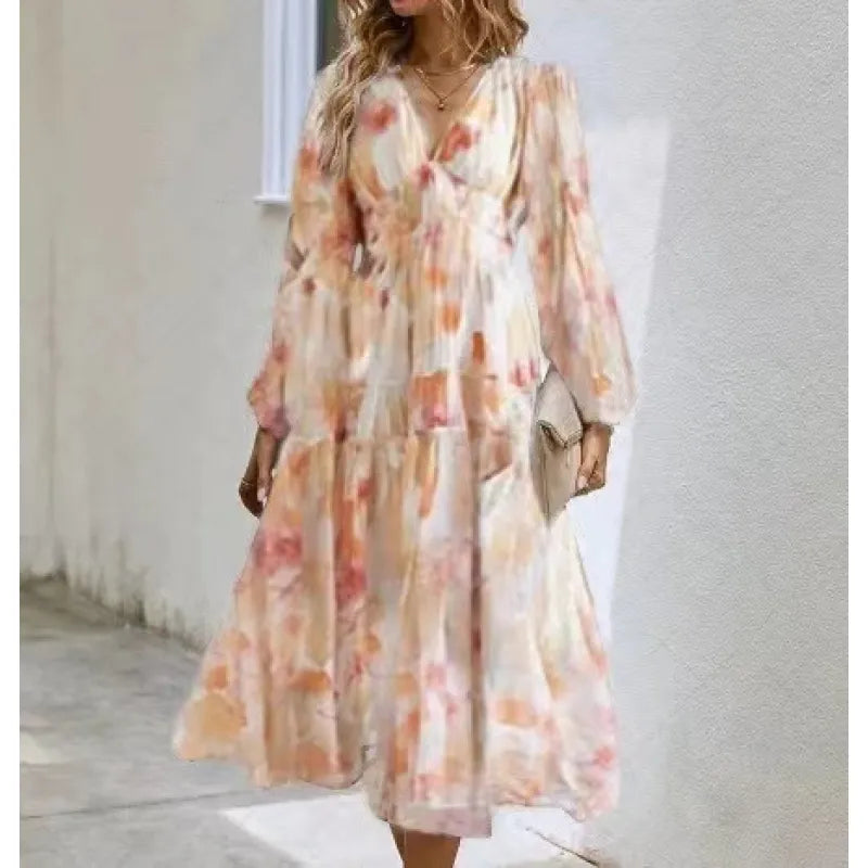 Effortless Floral Midi Dress for Women with V Neck Balloon Sleeve Smocked Waist Flowing Bohemian Style