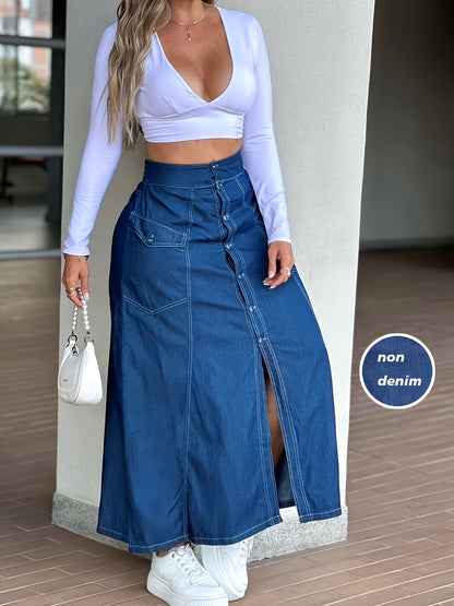 Effortless Blue Denim Look Long Skirt for Women with High Waist Button Front Slit Style
