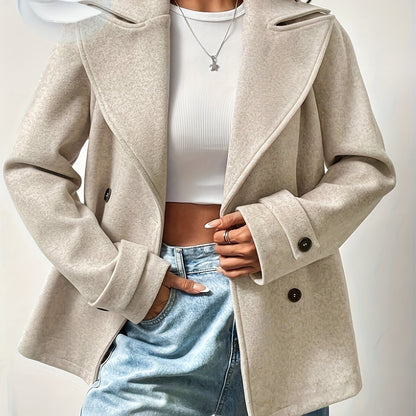 Elegant Beige Pea Coat for Women with Notched Lapel Long Sleeve Double Breasted Oversized Style