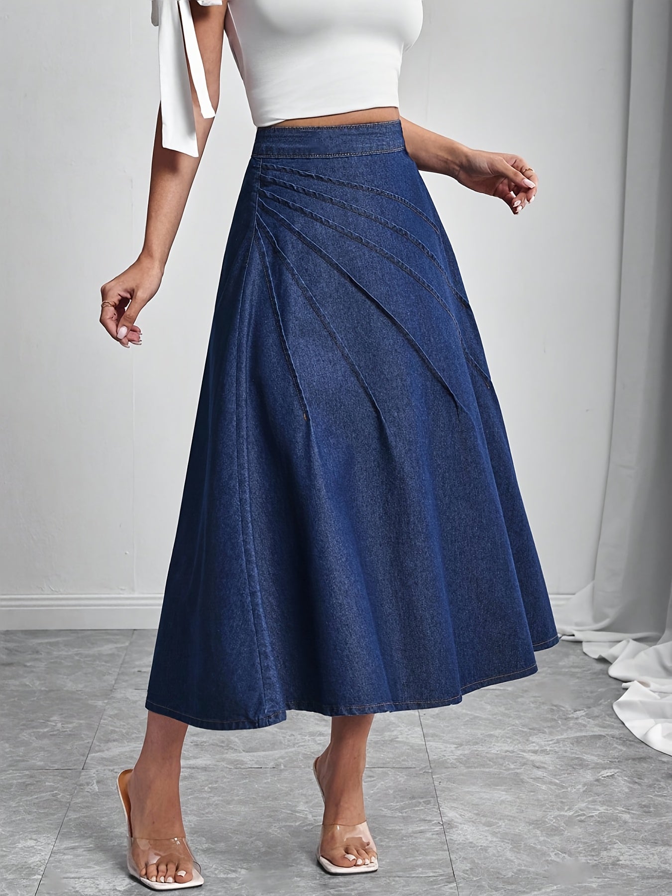Elegant Deep Blue Denim Maxi Skirt for Women with Pleated A Line Flowing Style