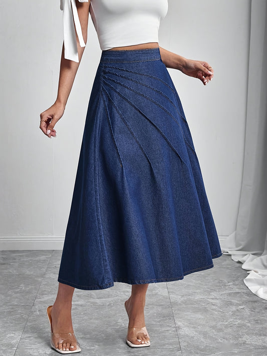 Elegant Deep Blue Denim Maxi Skirt for Women with Pleated A Line Flowing Style