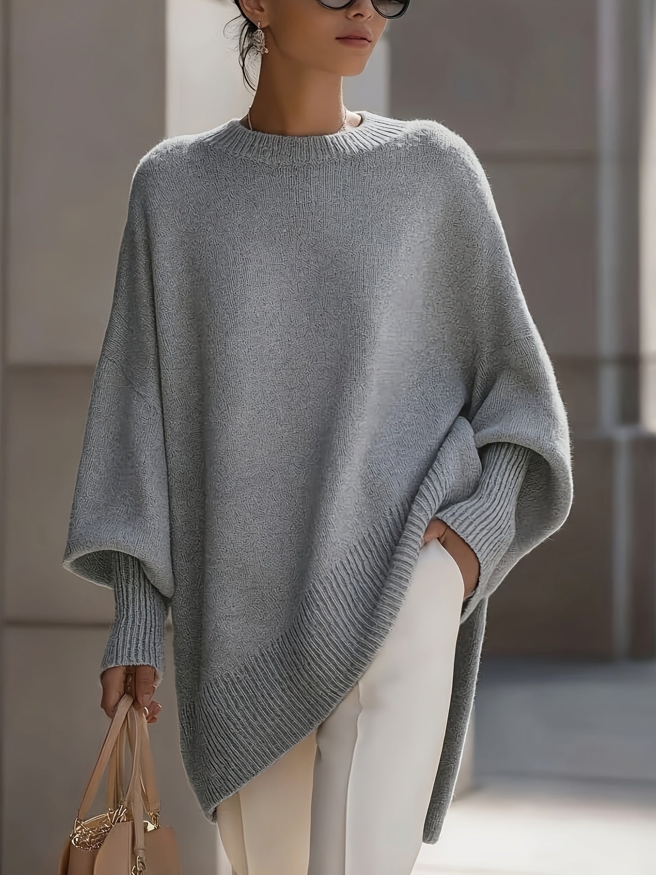 Comfortable Apricot Knit Fall Oversized Sweater for Women with Crew Neck Batwing Sleeve Ribbed Hem Relaxed Style