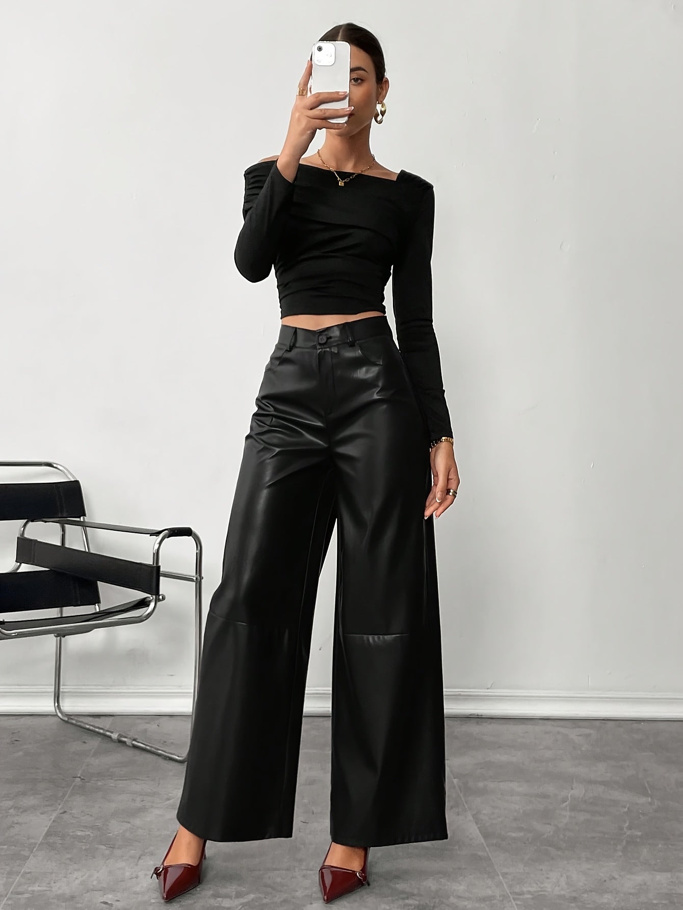Chic Black Faux Leather Slacks for Women with High Waist Wide Leg Tailored Trouser Style