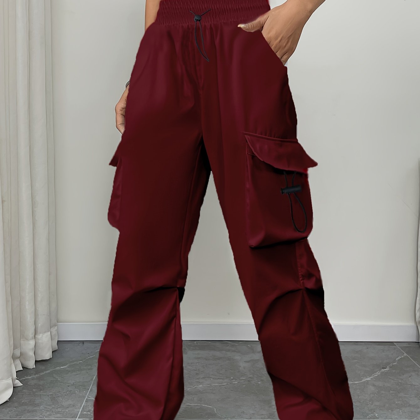 Effortless Burgundy Cargo Pants for Women with Drawstring Waist Pocket Style