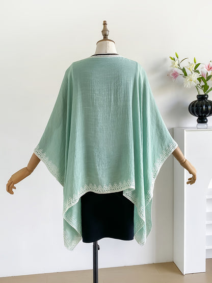 Effortless Poncho Shirt for Women with V Neck Embroidered Trim Draped Batwing Style