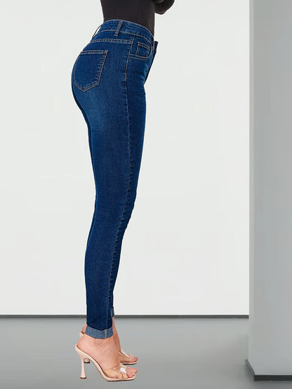 Effortless Medium Blue Relaxed Skinny Jeans for Women with High Waist Cuffed Ankle Stretch Denim