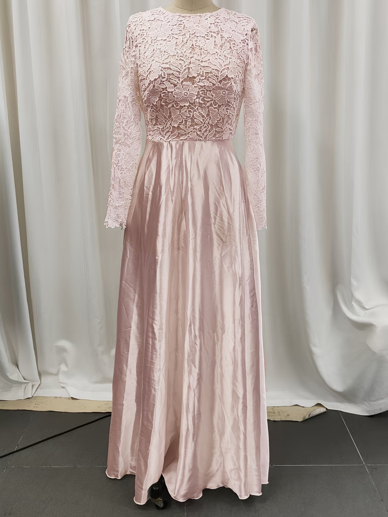 Elegant Lace Wedding Gown for Women with Round Neck Long Sleeve A Line Satin Train Bridal Style