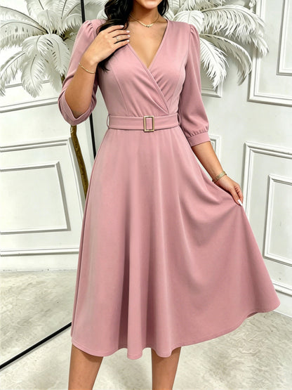 Elegant Light Pink Dress for Women with V Neck Three Quarter Sleeve Belted A Line Wrap Style