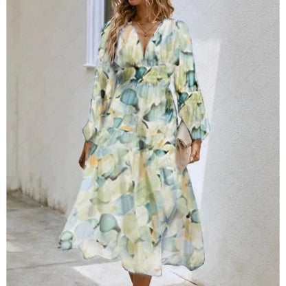 Effortless Floral Midi Dress for Women with V Neck Balloon Sleeve Smocked Waist Flowing Bohemian Style