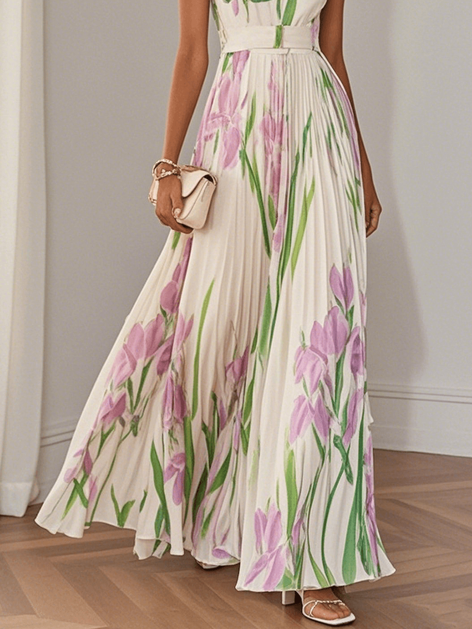 Elegant Floral Maxi Dress for Formal Wedding Guest Style with A Line Pleated Skirt
