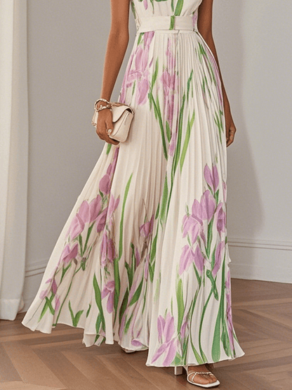 Elegant Floral Maxi Dress for Formal Wedding Guest Style with A Line Pleated Skirt
