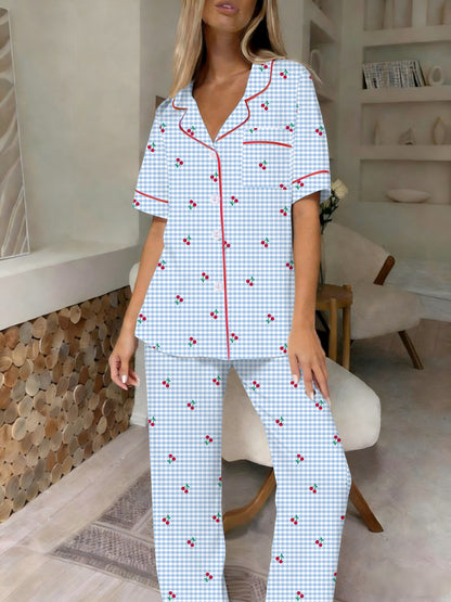 Comfortable Cherry Gingham Pajama Set for Women with Notch Collar Short Sleeve Button Front Relaxed Style