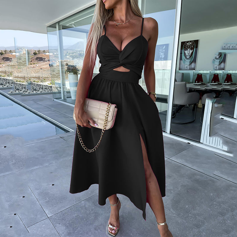Elegant Twist Front Cocktail Dress for Women with Sweetheart Neckline Spaghetti Strap Cutout Waist Slit Style