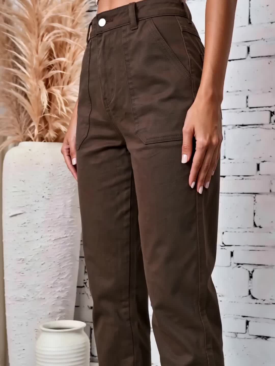 Effortless Coffee Brown Cotton Trousers for Women with High Waist Patch Pocket Cuffed Hem Relaxed Style