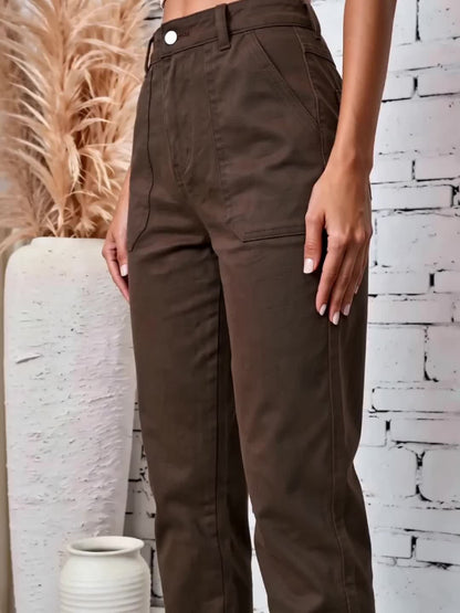 Effortless Coffee Brown Cotton Trousers for Women with High Waist Patch Pocket Cuffed Hem Relaxed Style