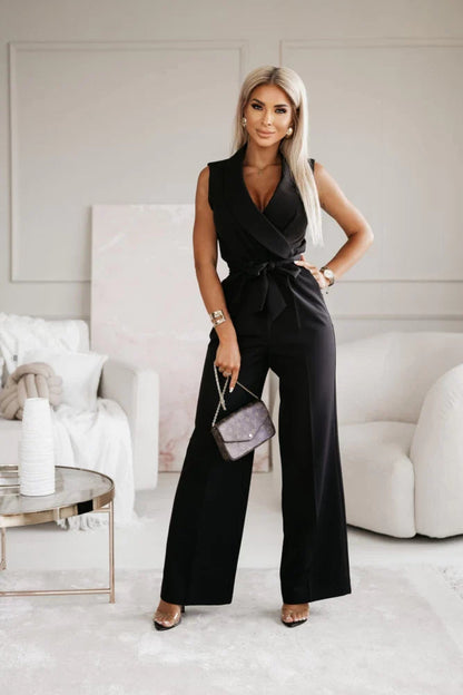 Elegant Wide Leg Jumpsuit for Women with Shawl Collar Sleeveless Wrap Belted Formal Style