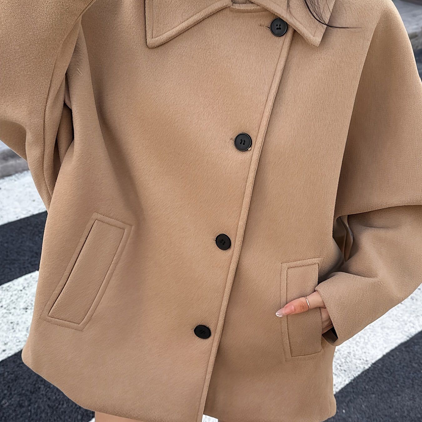 Elegant Khaki Wool Pea Coat for Women with Notched Collar Batwing Sleeve Oversized Button Front Style