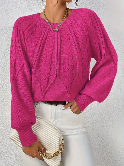 Comfortable Cable Knit Sweater for Women with Round Neck Balloon Sleeve Cropped Oversized Style