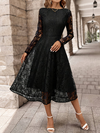 Elegant Black Lace Long Sleeve Wedding Dress for Women with Round Neck Fit And Flare Flowing Style
