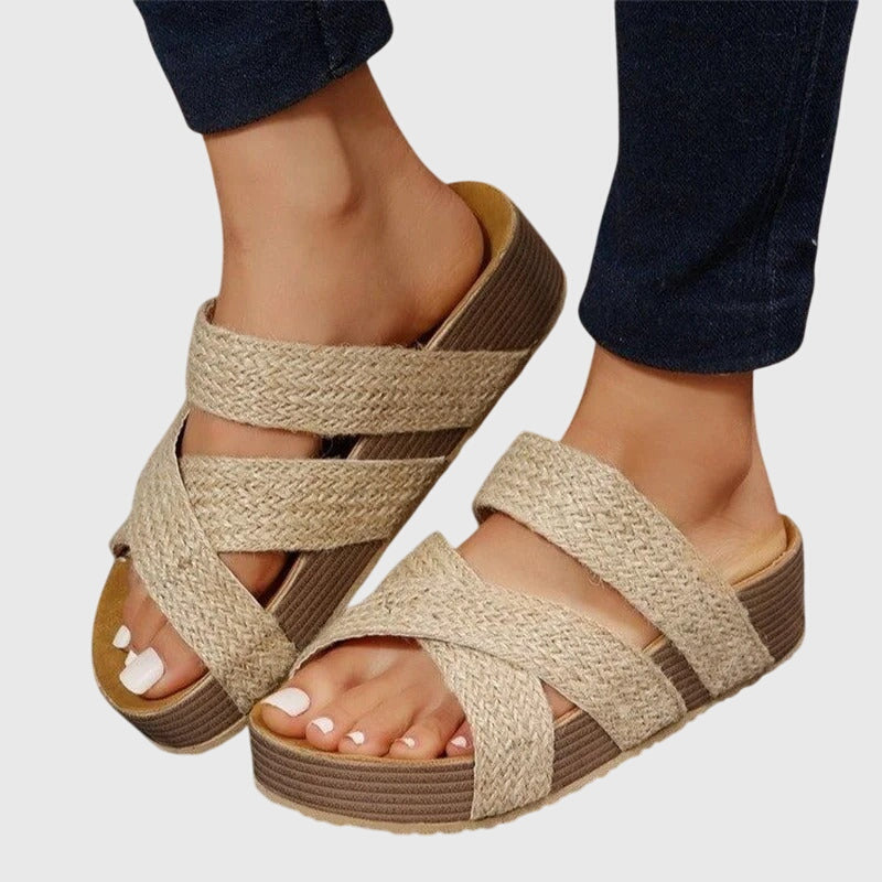 Comfortable Orthopedic Sandals for Women with Woven Crossover Strap Platform Open Toe Slip On Casual Style