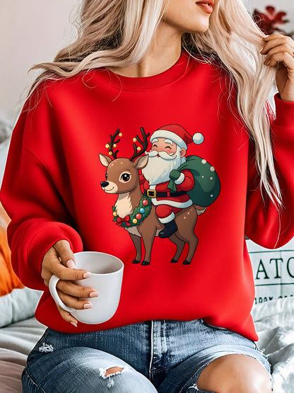 Cozy Graphic Christmas Tacky Sweater for Women with Crew Neck Long Sleeve Santa Reindeer Print Pullover Style