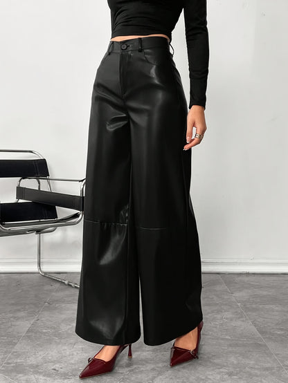 Chic Black Faux Leather Slacks for Women with High Waist Wide Leg Tailored Trouser Style