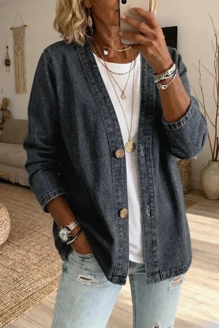Effortless Washed Denim Cardigan for Women with Open Front Long Sleeve Button Relaxed Style