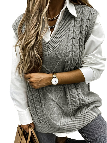 Cozy Cable Knit Sweater Vest for Women with V Neck Sleeveless Oversized Relaxed Style