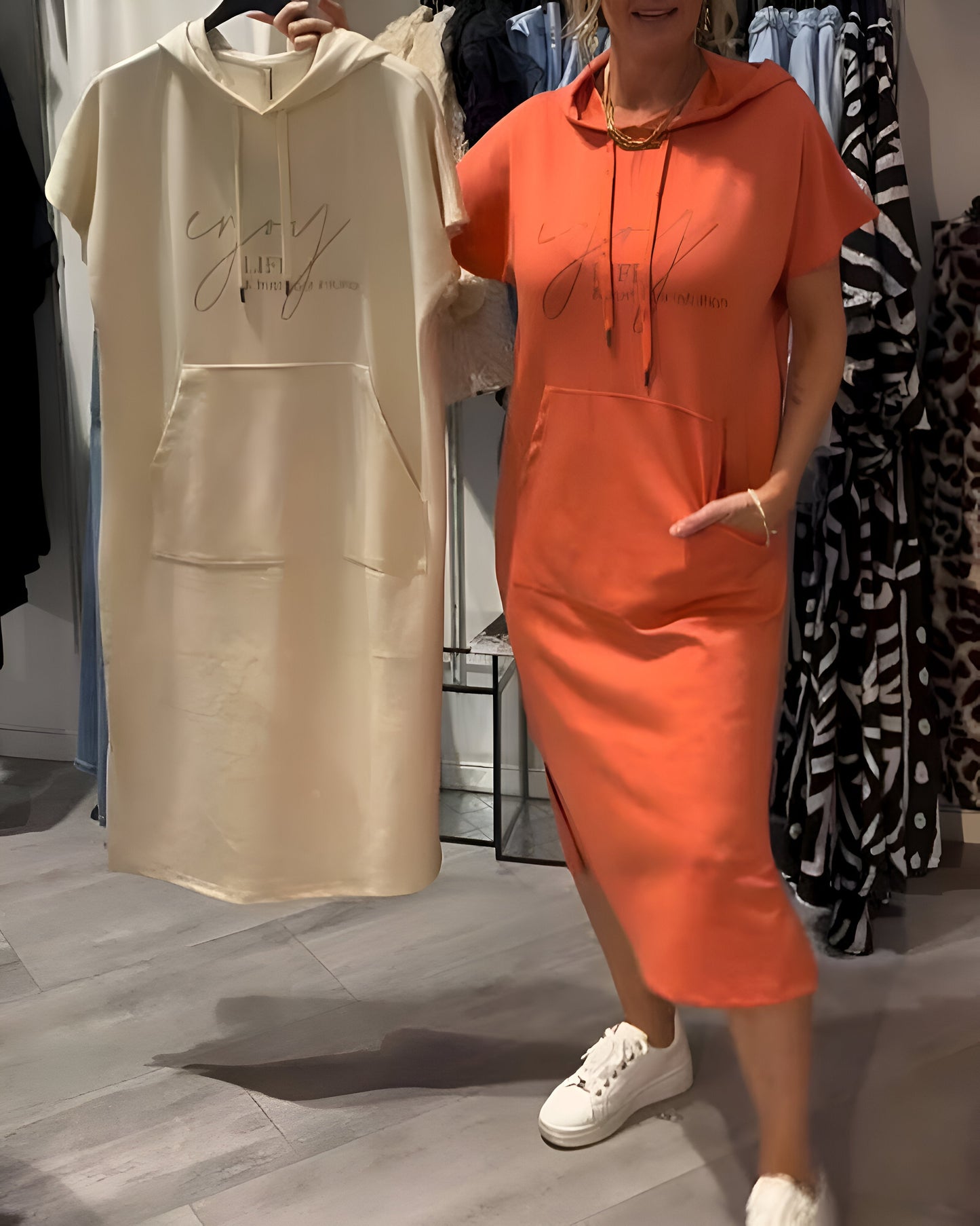Comfortable Orange Hoodie Midi Dress for Women with Drawstring Hood Short Sleeve Kangaroo Pocket Relaxed Style