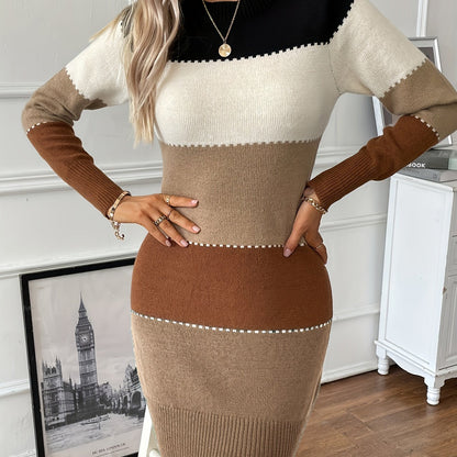 Elegant Colorblock Sweater Dress for Women with Crew Neck Long Sleeve Bodycon Knit Style