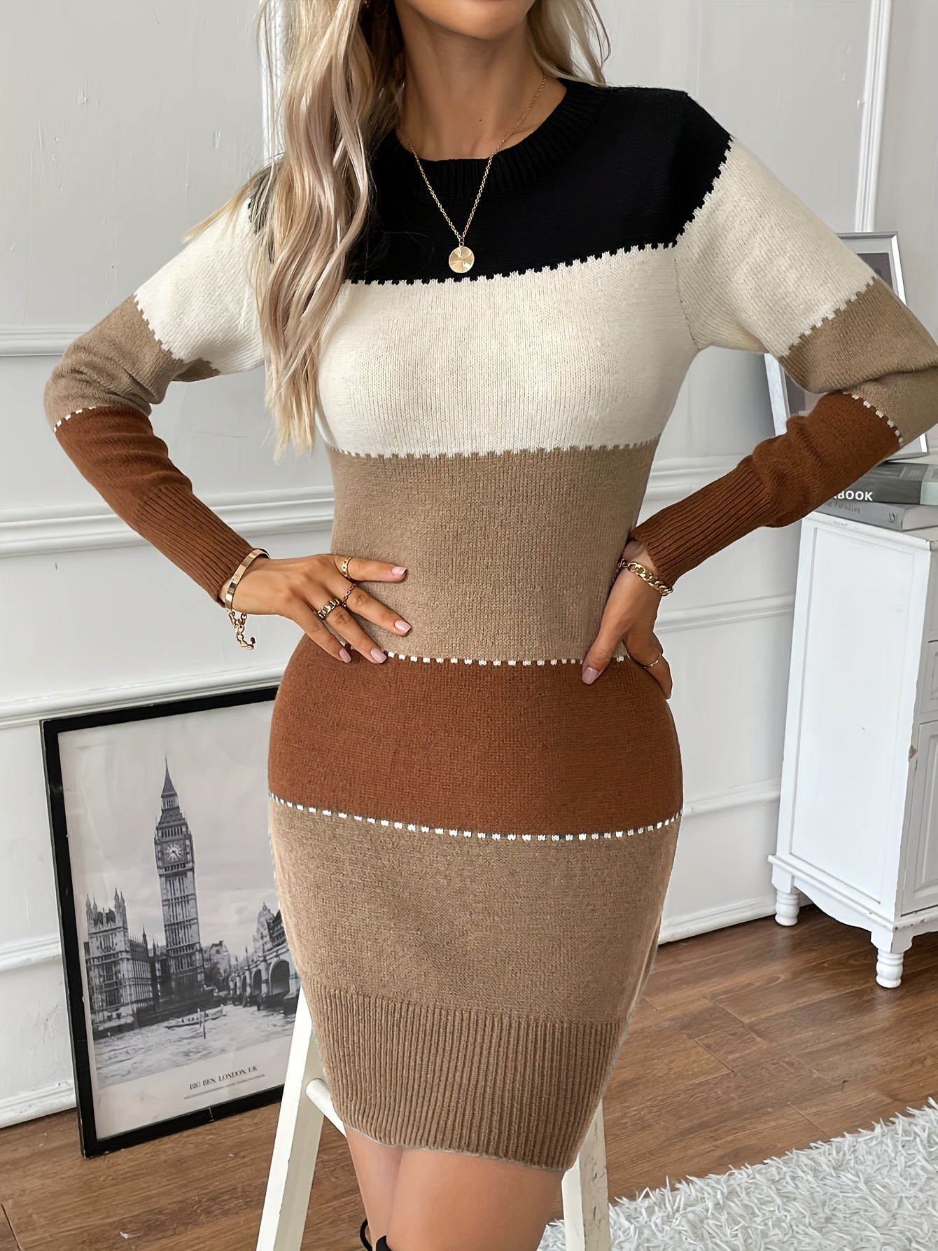 Elegant Colorblock Sweater Dress for Women with Crew Neck Long Sleeve Bodycon Knit Style