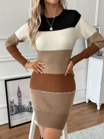 Elegant Colorblock Sweater Dress for Women with Crew Neck Long Sleeve Bodycon Knit Style
