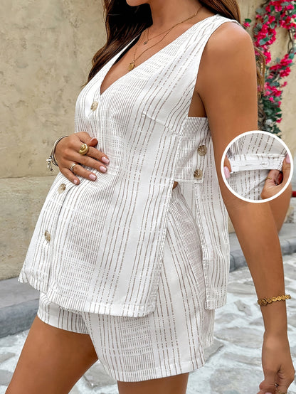 Comfortable White Maternity Two Piece Set for Women with V-Neck Sleeveless Button Vest Shorts Casual Style