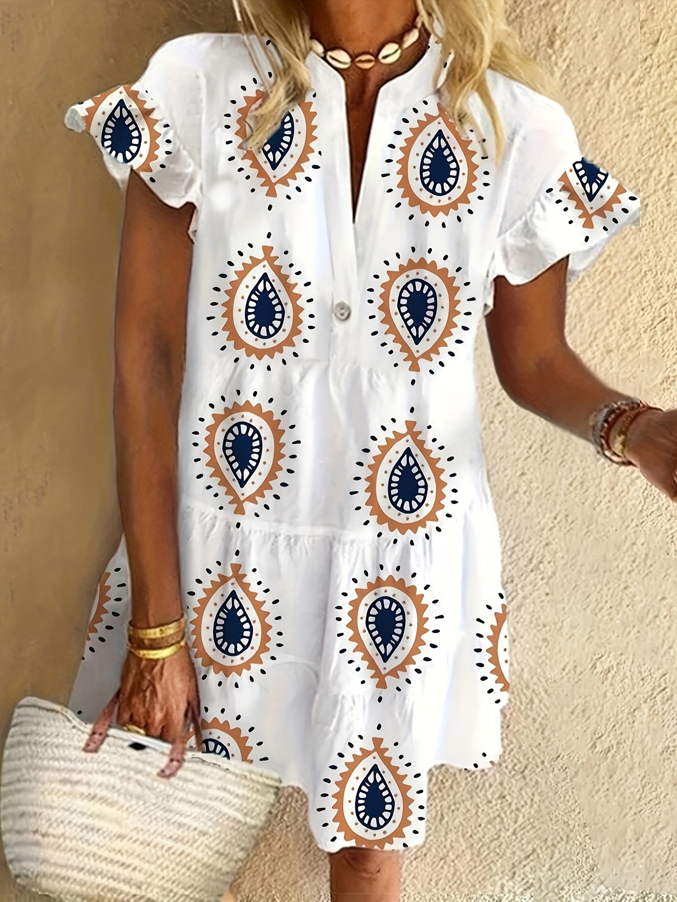 Elegant White Tribal Print Midi Dress for Women with V Neck Ruffle Sleeve Tiered Boho Style