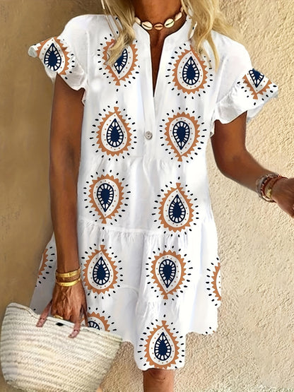 Elegant White Tribal Print Midi Dress for Women with V Neck Ruffle Sleeve Tiered Boho Style