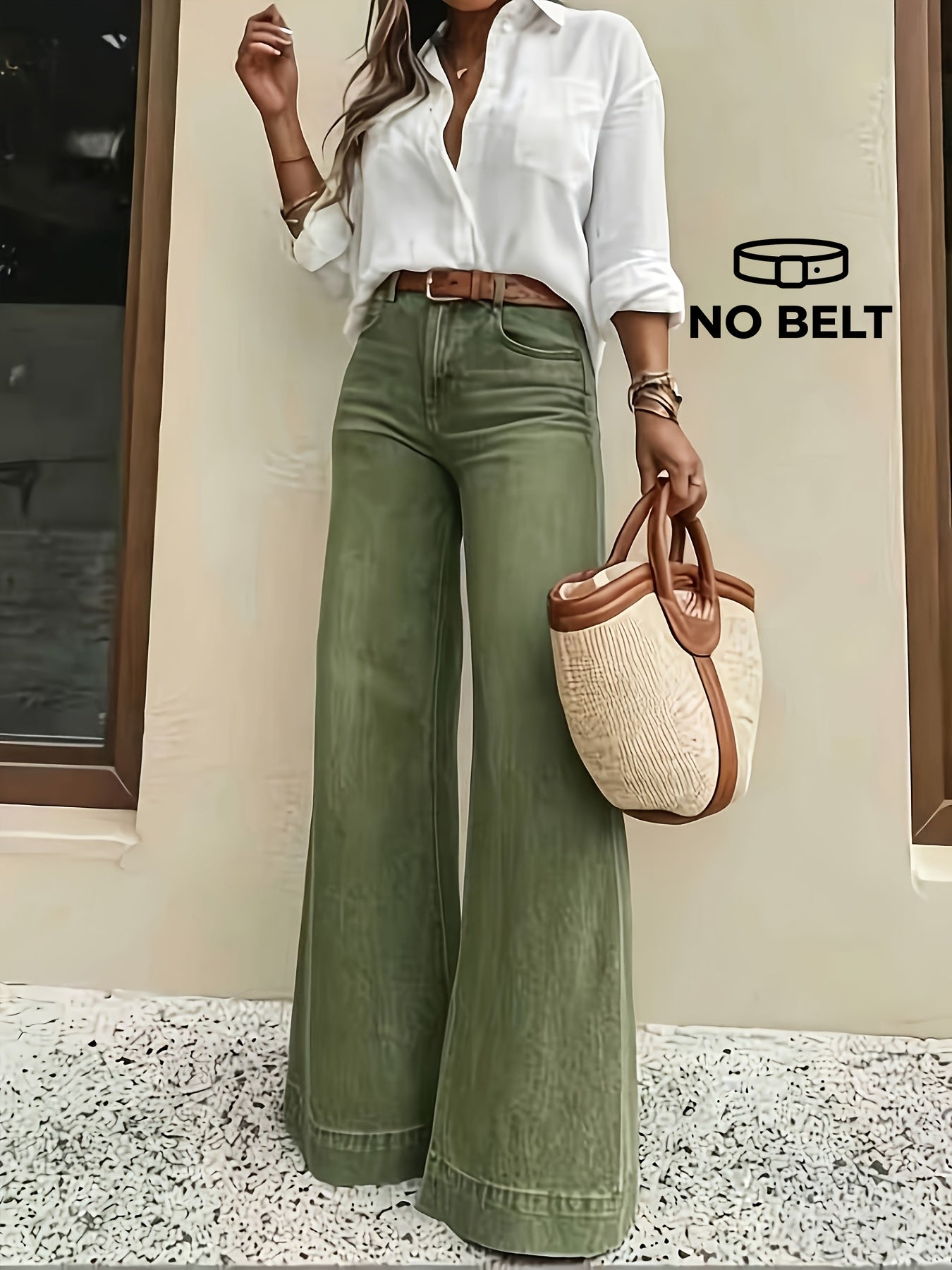 Effortless Fern Green High Waisted Jeans for Women with Wide Leg Stretch Denim Flare Casual Style