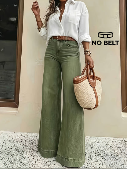 Effortless Fern Green High Waisted Jeans for Women with Wide Leg Stretch Denim Flare Casual Style