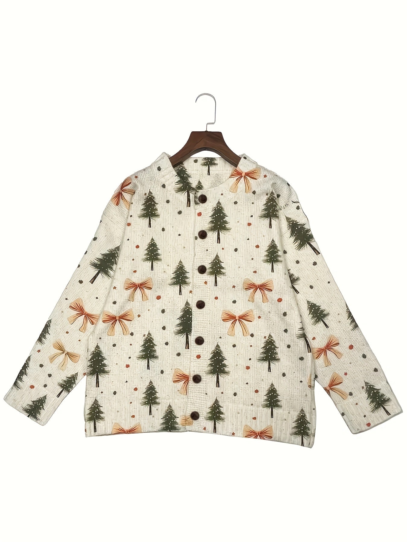 Comfortable Bow Print Christmas Sweater for Women with V Neck Long Sleeve Button Front Relaxed Knit Style