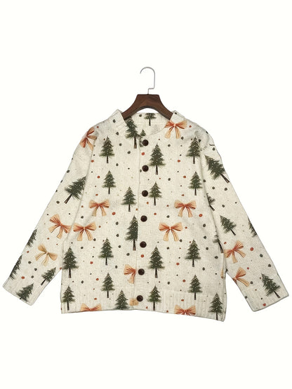 Comfortable Bow Print Christmas Sweater for Women with V Neck Long Sleeve Button Front Relaxed Knit Style