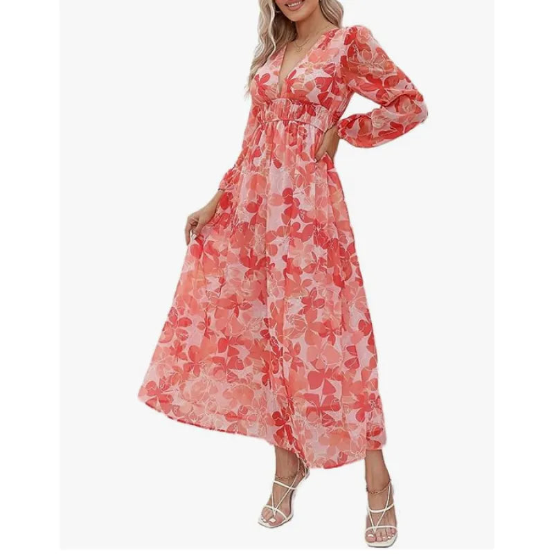 Effortless Floral Midi Dress for Women with V Neck Balloon Sleeve Smocked Waist Flowing Bohemian Style