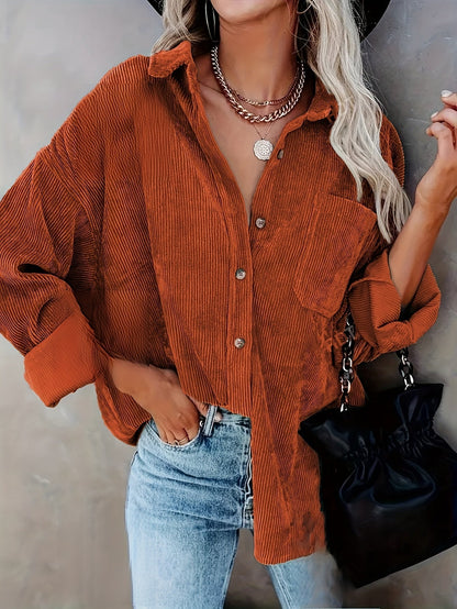 Effortless Corduroy Long Sleeve Shirt for Women with Collar Button Front Oversized Relaxed Casual Style