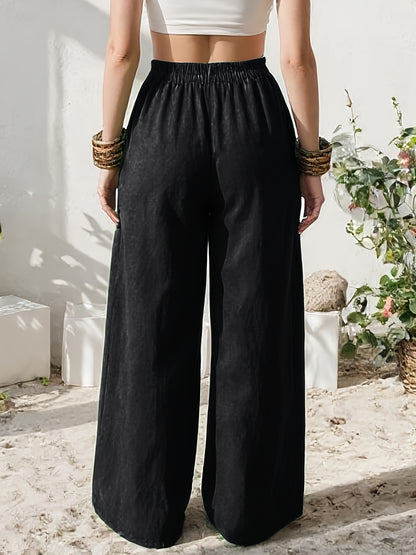 Effortless Linen Wide Leg Pants for Women with High Waist Pocket Flowing Relaxed Casual Style