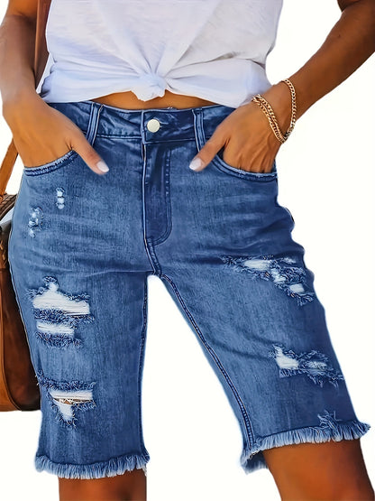Stylish Denim Shorts for Women with High Waist Ripped Raw Hem Fringe Slim Fit Casual Style