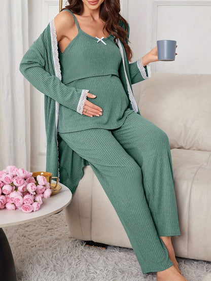 Comfortable Maternity Ribbed Knit Three Piece Set for Women with Lace Trim Nursing Cami Robe Pant Style