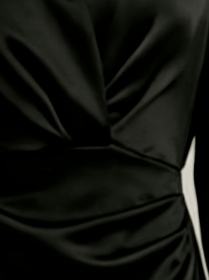 Elegant Black Satin Dress for Women with Collar Long Sleeve Wrap Ruched Mini Style